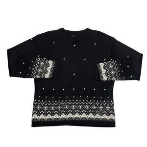 Meister Crewneck Sweater Vintage Knit Wool Blend Fair Isle Black & White Large